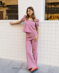 PANTALÓN RITA · BURDEOS Y ROSA